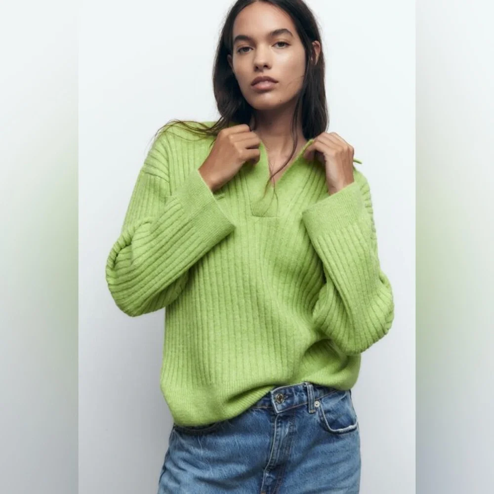 Zara sweater oversize cozy cardigan vneck ribbed collar - Picture 8 of 10